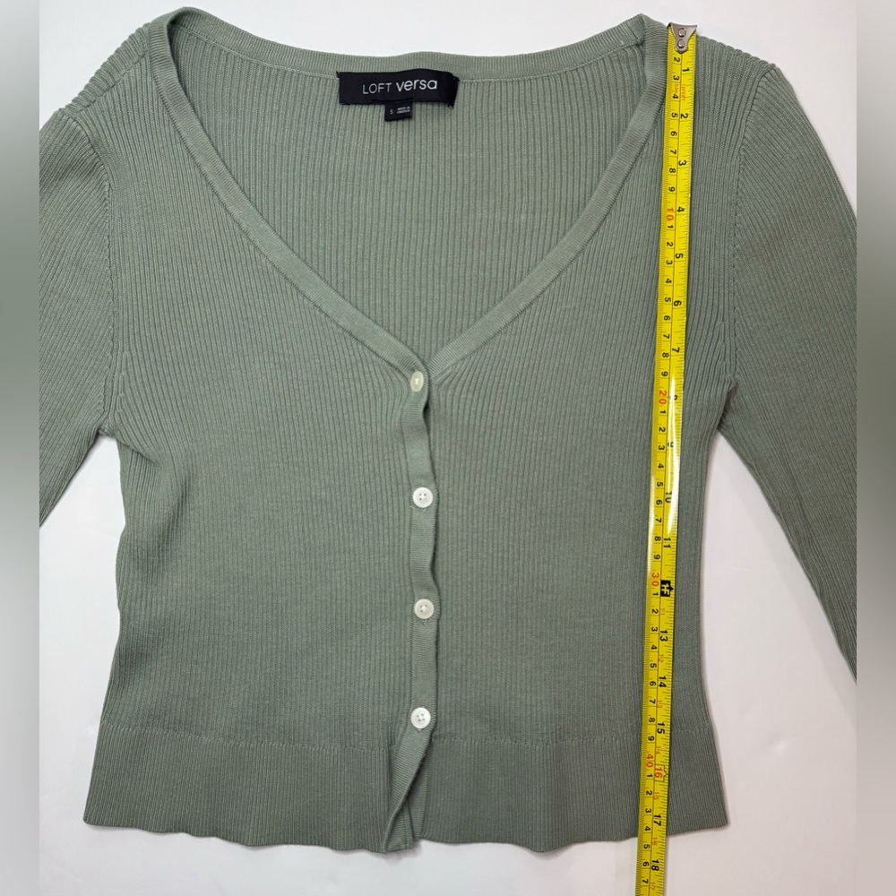 LOFT Versa Ribbed V-Neck Cardigan Frosted Sage Green Size S - Picture 9 of 13